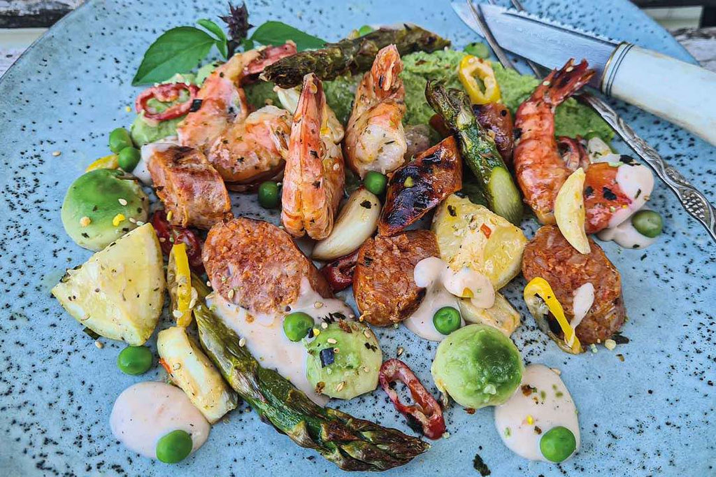 Shrimp chorizo ​​on pea puree 