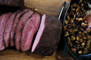 Smoked roast beef with bacon-balsamic Brussels sprouts 