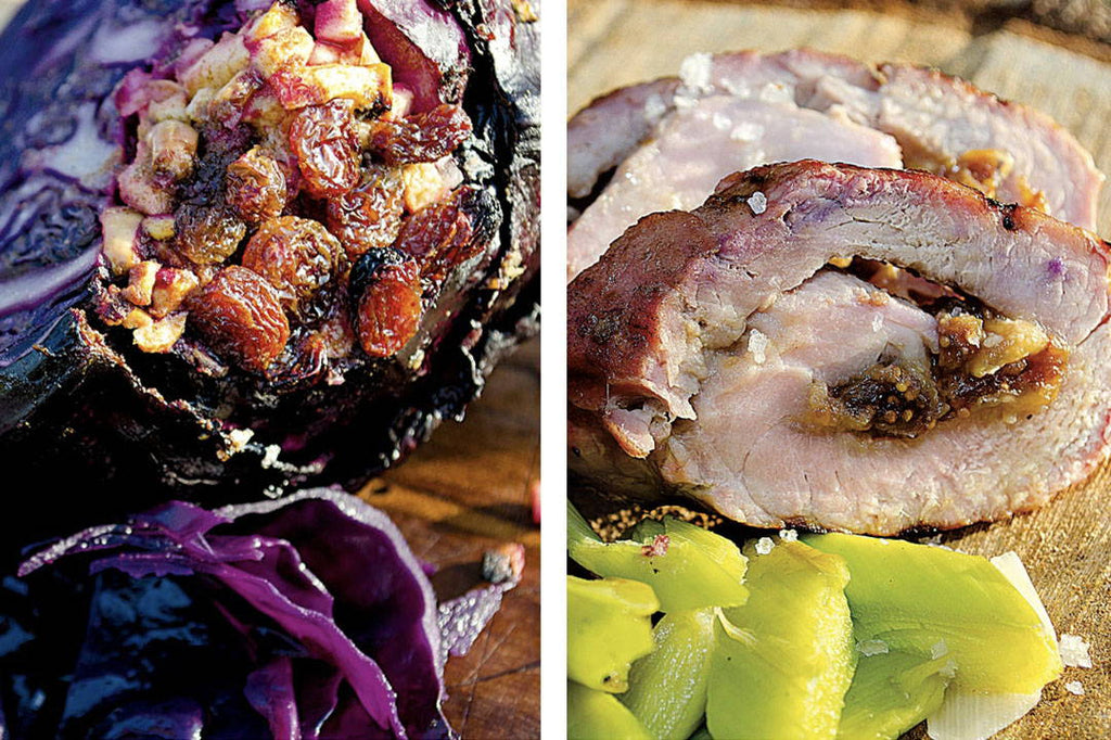 Cheese schnitzel with stuffed red cabbage and leek 