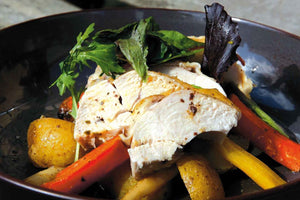 Chicken in salt dough with vegetables 