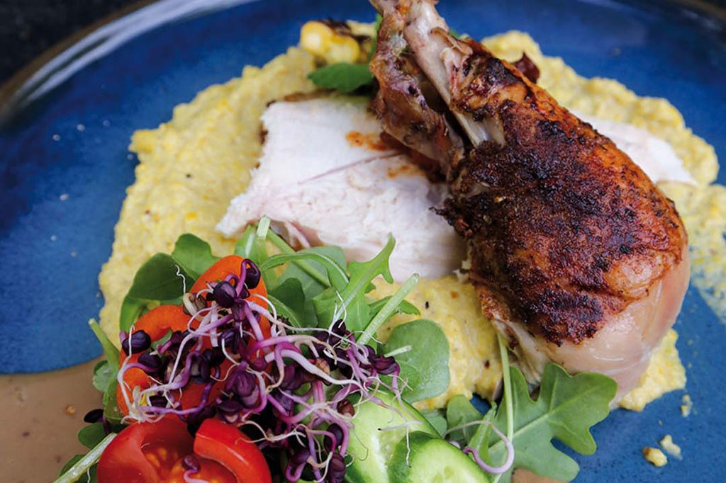Roasted Chicken with Corn Puree and Apricot Chutney 