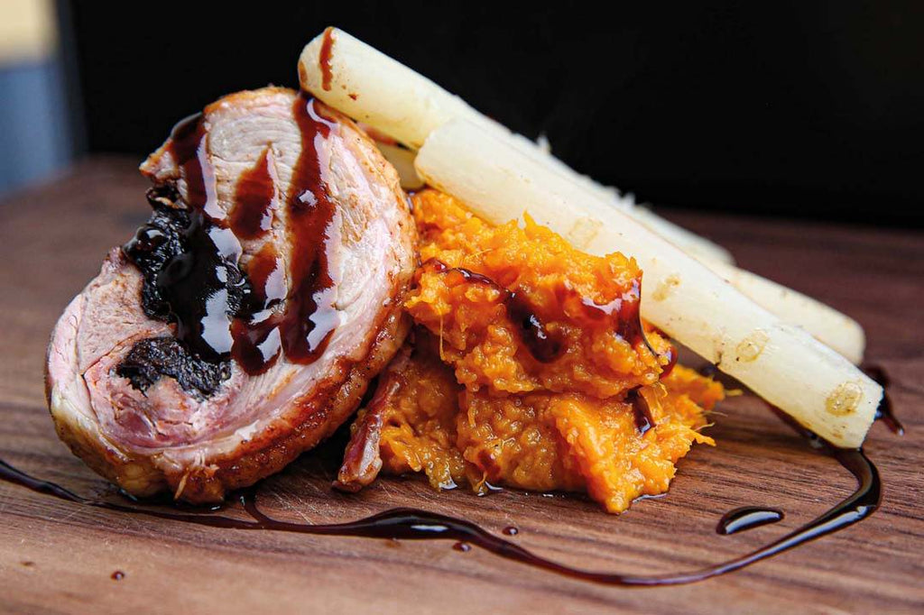 Stuffed duck leg with sweet potato puree 