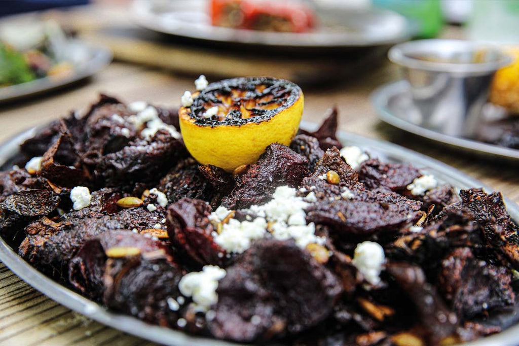 Beet Home Fries – Roasted beetroot salad with pumpkin seeds, goat’s cheese and grilled lemon 