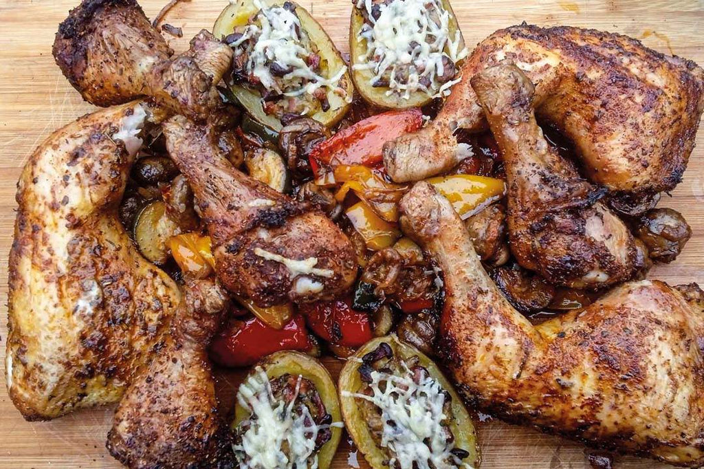 Chicken Duo with baked grilled potatoes and grilled vegetables 