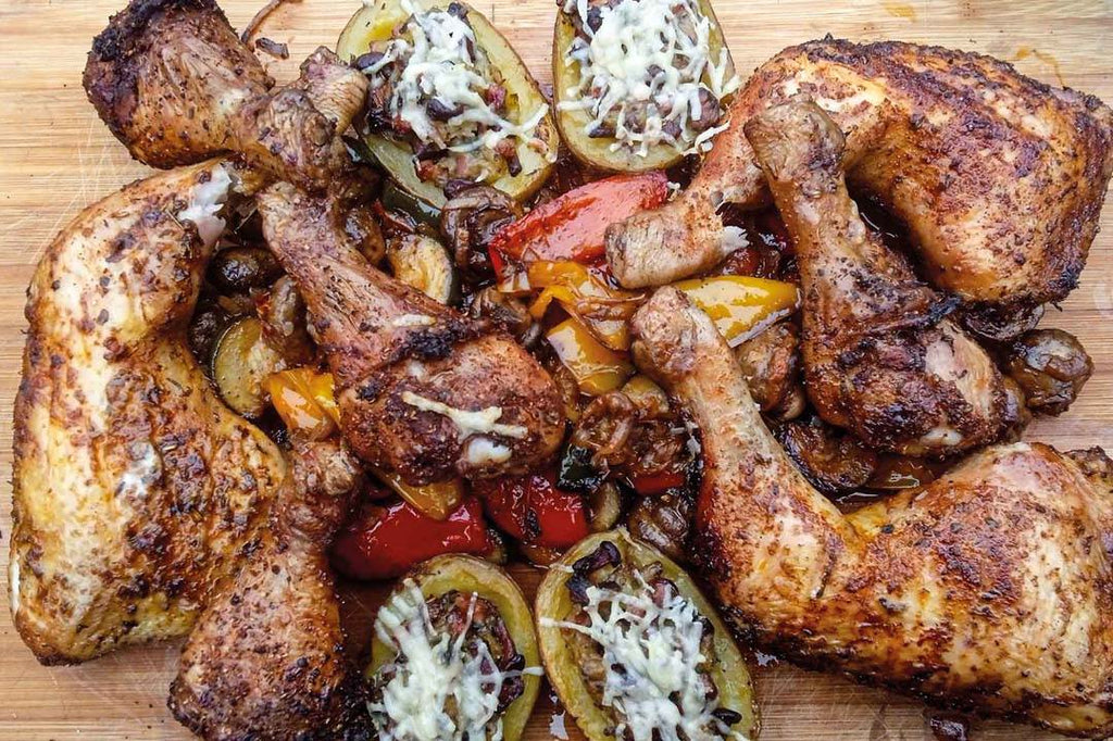 Chicken Duo mit überbackener  Grillkartoffel und  Grillgemüse