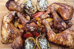Chicken Duo with baked grilled potatoes and grilled vegetables 