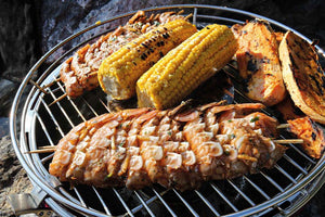 Shrimp skewers with corn and sweet potato mash 