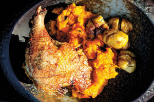 Sitting grilled pheasant with pumpkin mash and glazed chestnuts 