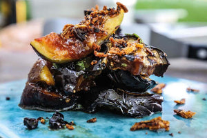 Aubergine Asya with soy sauce, tamarind, figs &amp; mint 