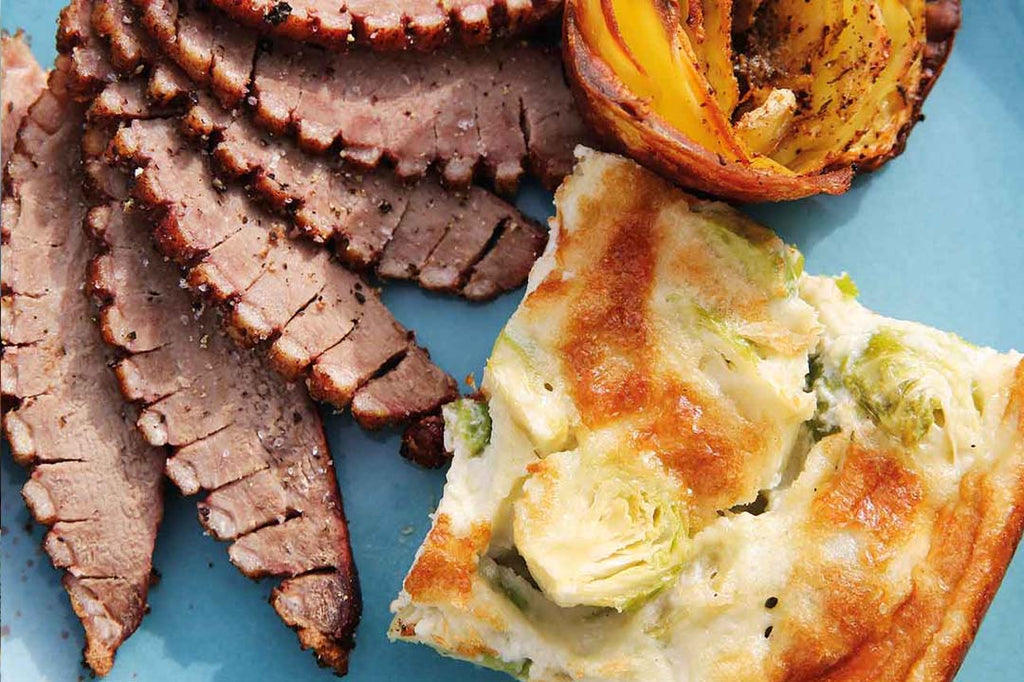 Duck and goose breast with potato roses and Brussels sprout quiche 