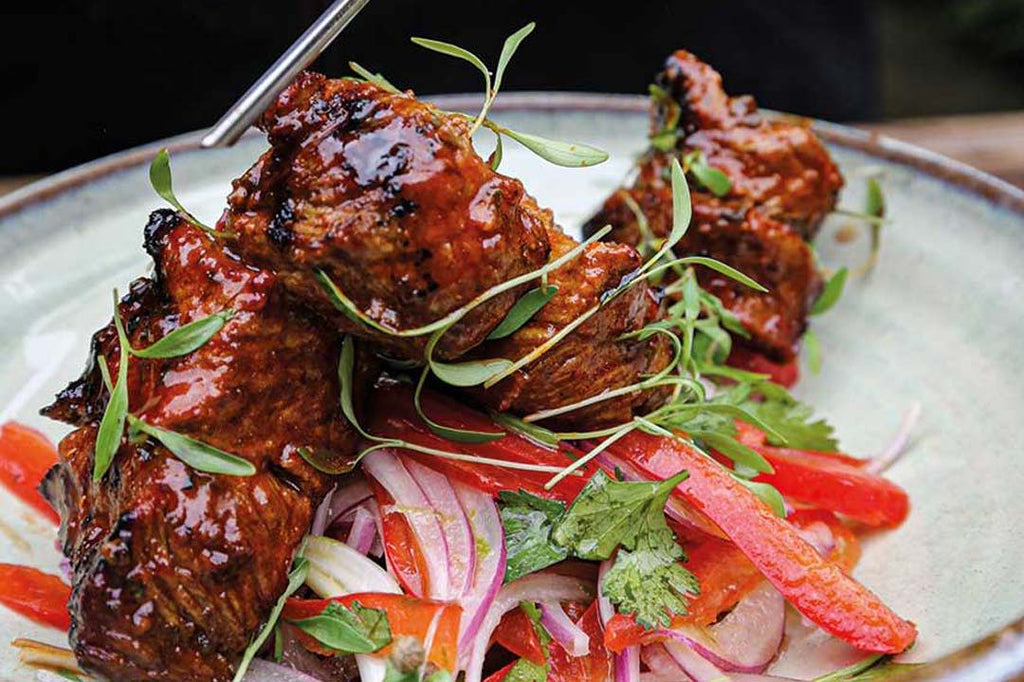 Denver Cut Anticuchos, Aji Panca and Criolla Salad 