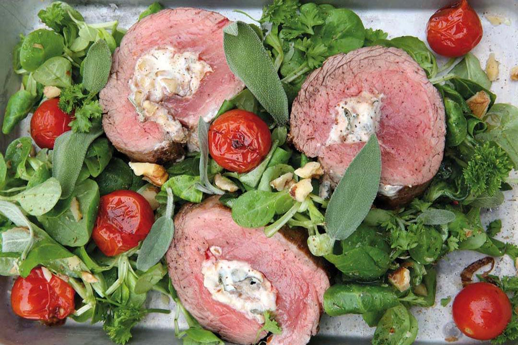Rolled flank steak with goat cheese, honey and walnuts 