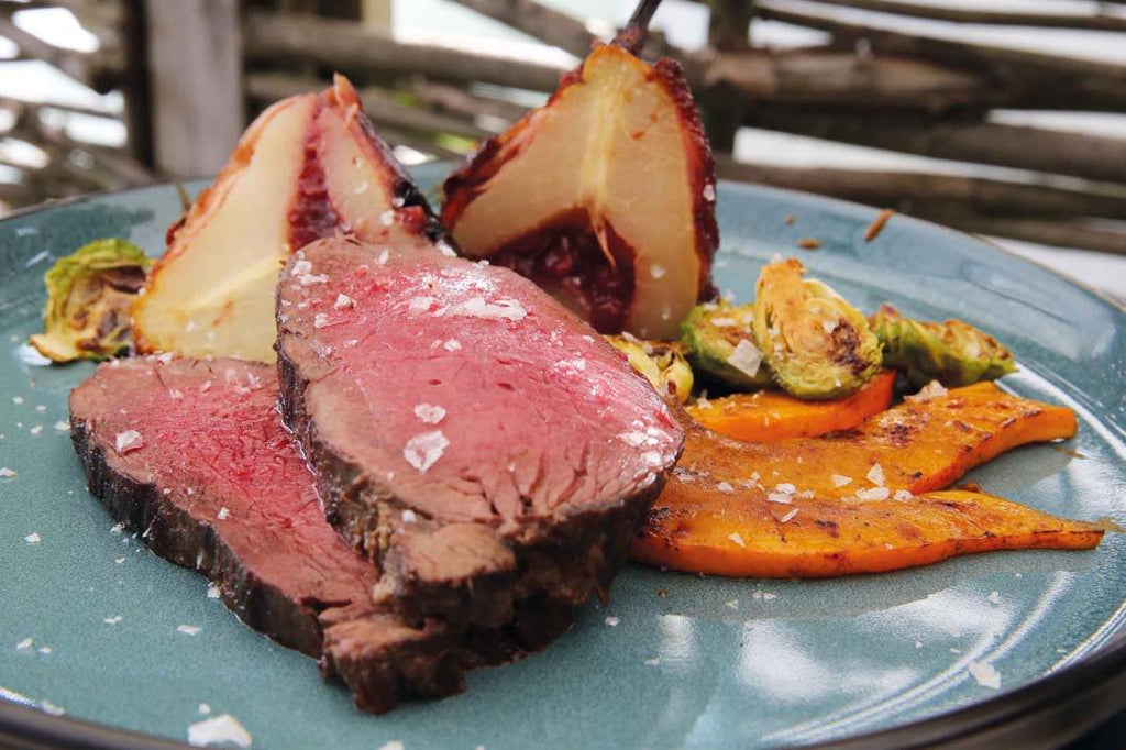 Venison loin with Hokkaido pumpkin, Brussels sprouts, wild BBQ pears and caramel game jus 