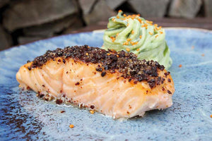 Planked Bacon Salmon with Wasabi Cucumber Noodles &amp; Kimchi Sesame 