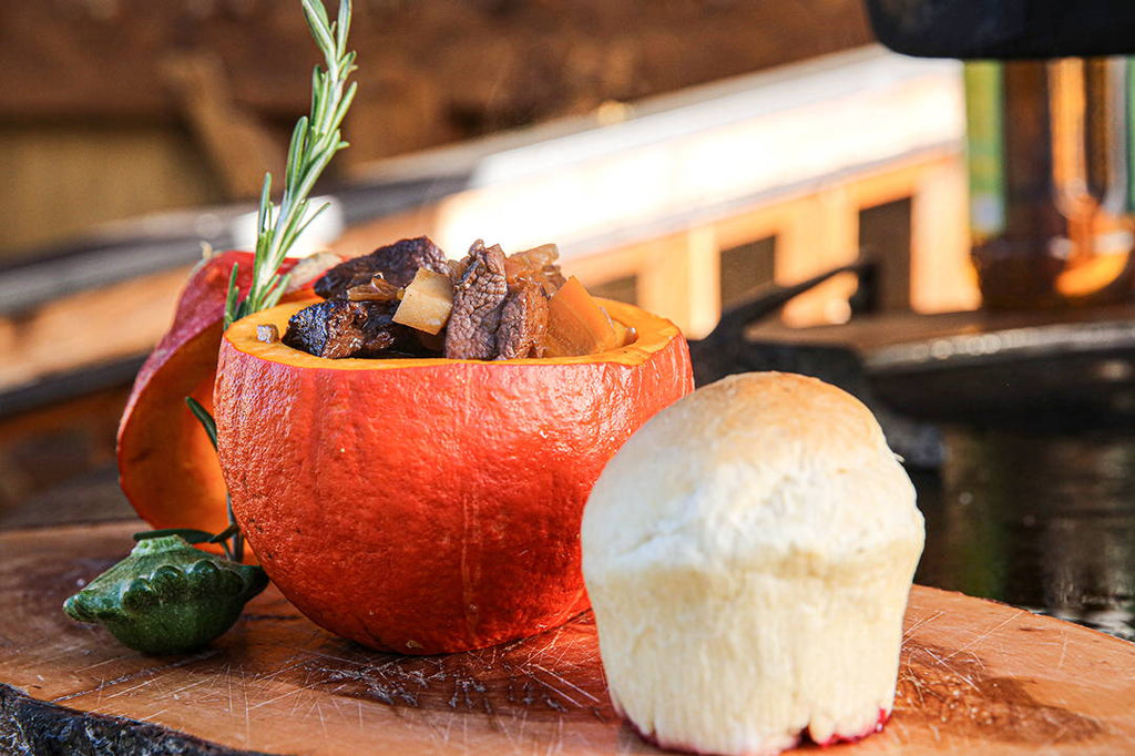 Venison ragout in pumpkin with cranberry dumplings 