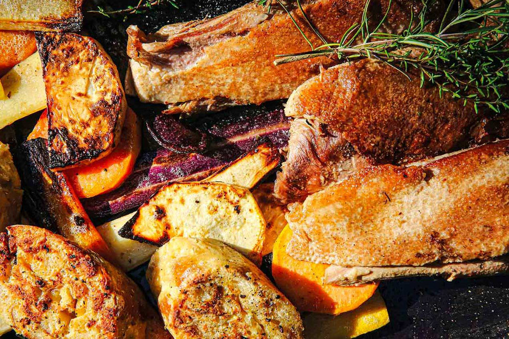 Crispy goose breast with beets and pretzel dumplings 
