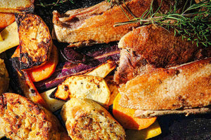 Crispy goose breast with beets and pretzel dumplings 