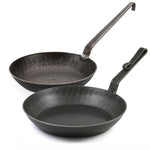SET: Turk schmiedeeiserne Servierpfannen mit hohem Rand (28 cm, gebogener Hakenstiel + 24 cm, Hakenstiel)