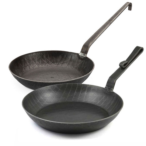 SET: Turk schmiedeeiserne Servierpfannen mit hohem Rand (28 cm, gebogener Hakenstiel + 24 cm, Hakenstiel)