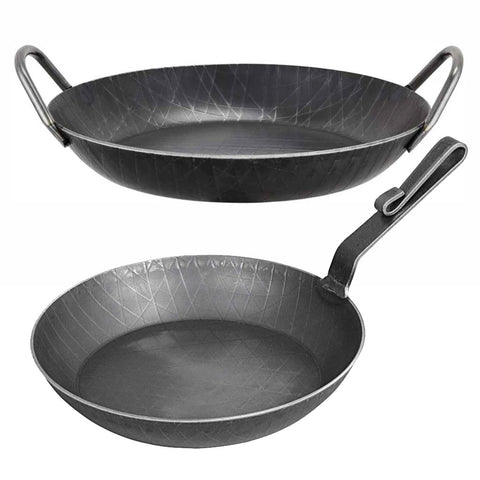 SET: Turk schmiedeeiserne Servierpfannen mit hohem Rand (28 cm, 2 Griffen + 24 cm, gebogener Hakenstiel)