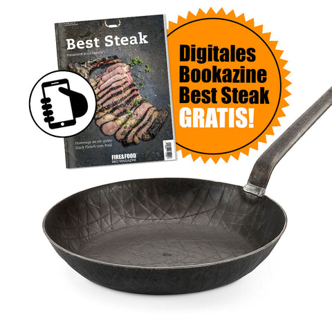 Turk schmiedeeiserne Pfanne 24 cm, Hakenstiel, hoher Rand + GRATIS-Download!