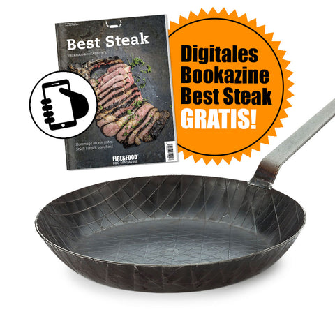 Turk schmiedeeiserne Pfanne 28 cm, Hakenstiel, hoher Rand + GRATIS-Download!